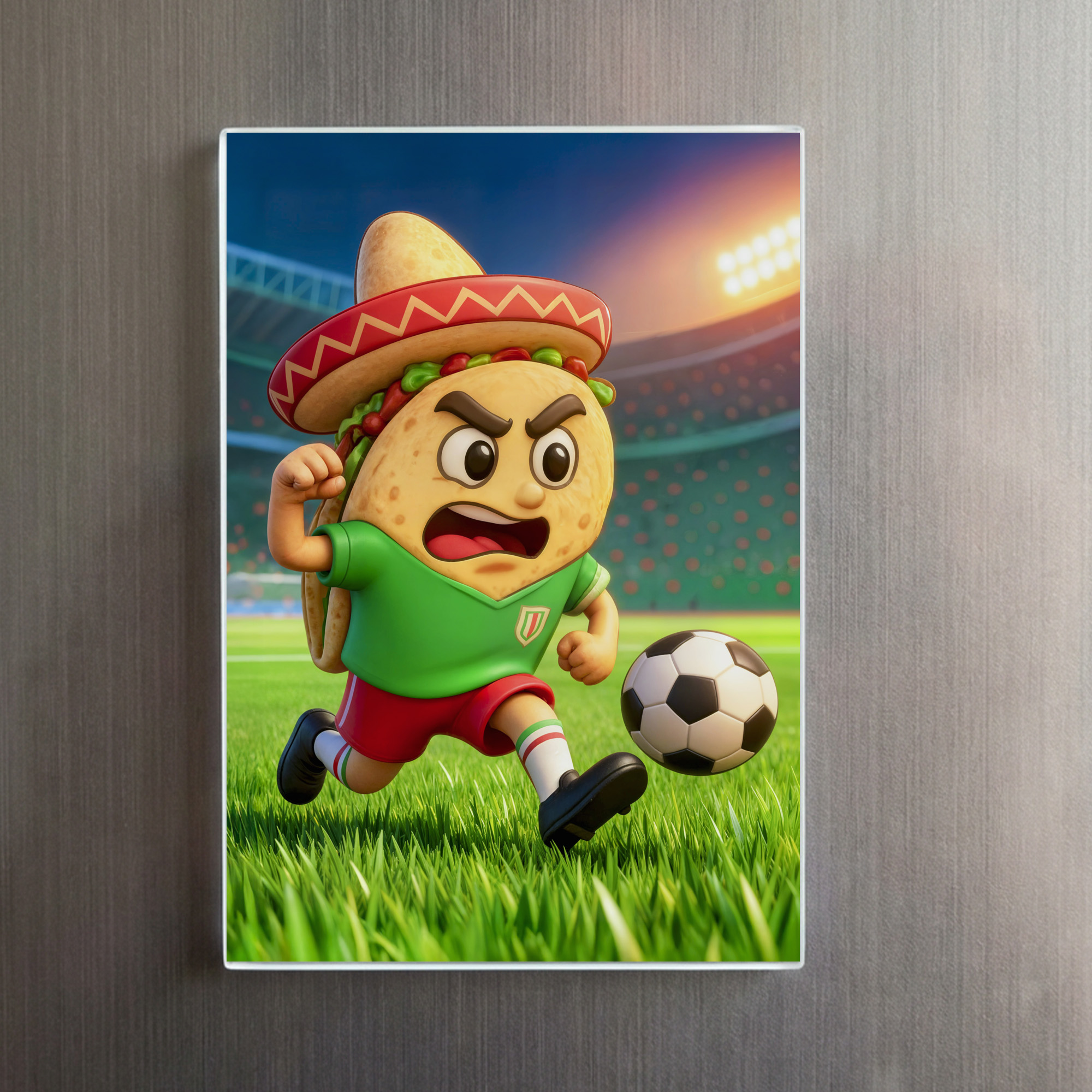 raxxa Glas-Magnet: Mexican taco soccer player running across stadium – Image 2