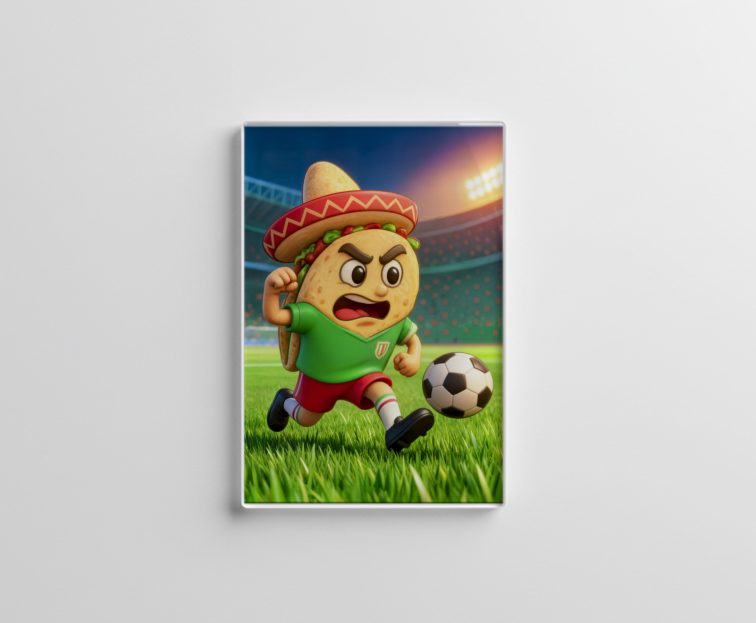 raxxa Glas-Magnet: Mexican taco soccer player running across stadium