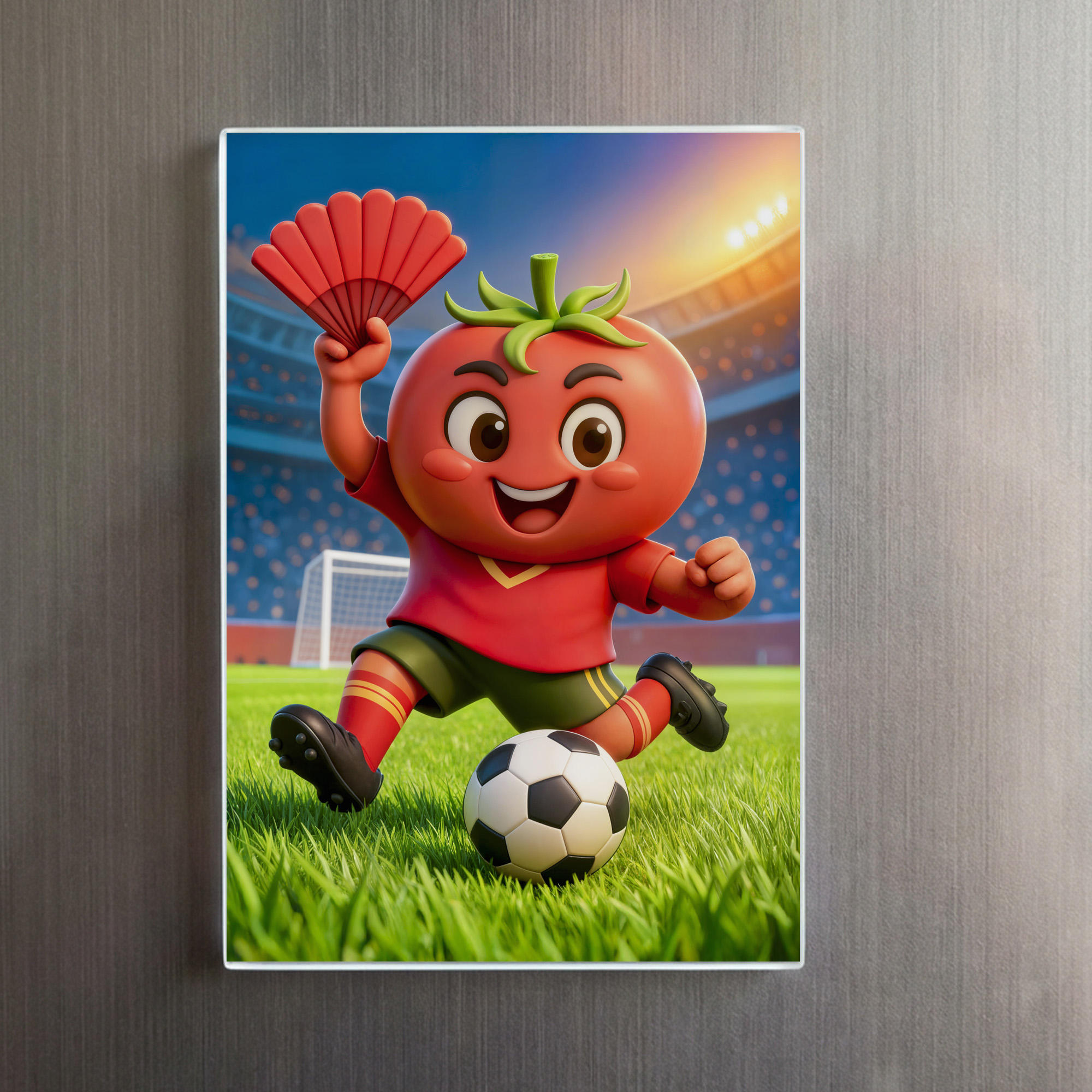 raxxa Glas-Magnet: Spanish tomato soccer player on vibrant stadium field - Image 2