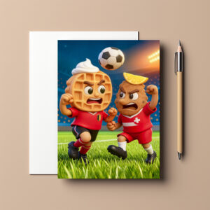 raxxa Postkarte: Belgian waffle versus Austrian schnitzel soccer duel