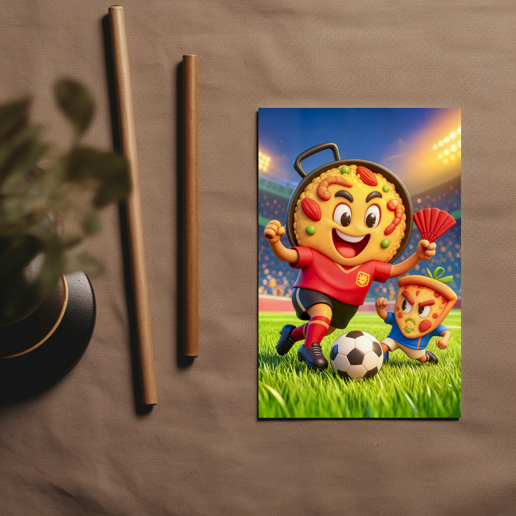 raxxa Postkarte: Spanish paella versus Italian pizza soccer duel