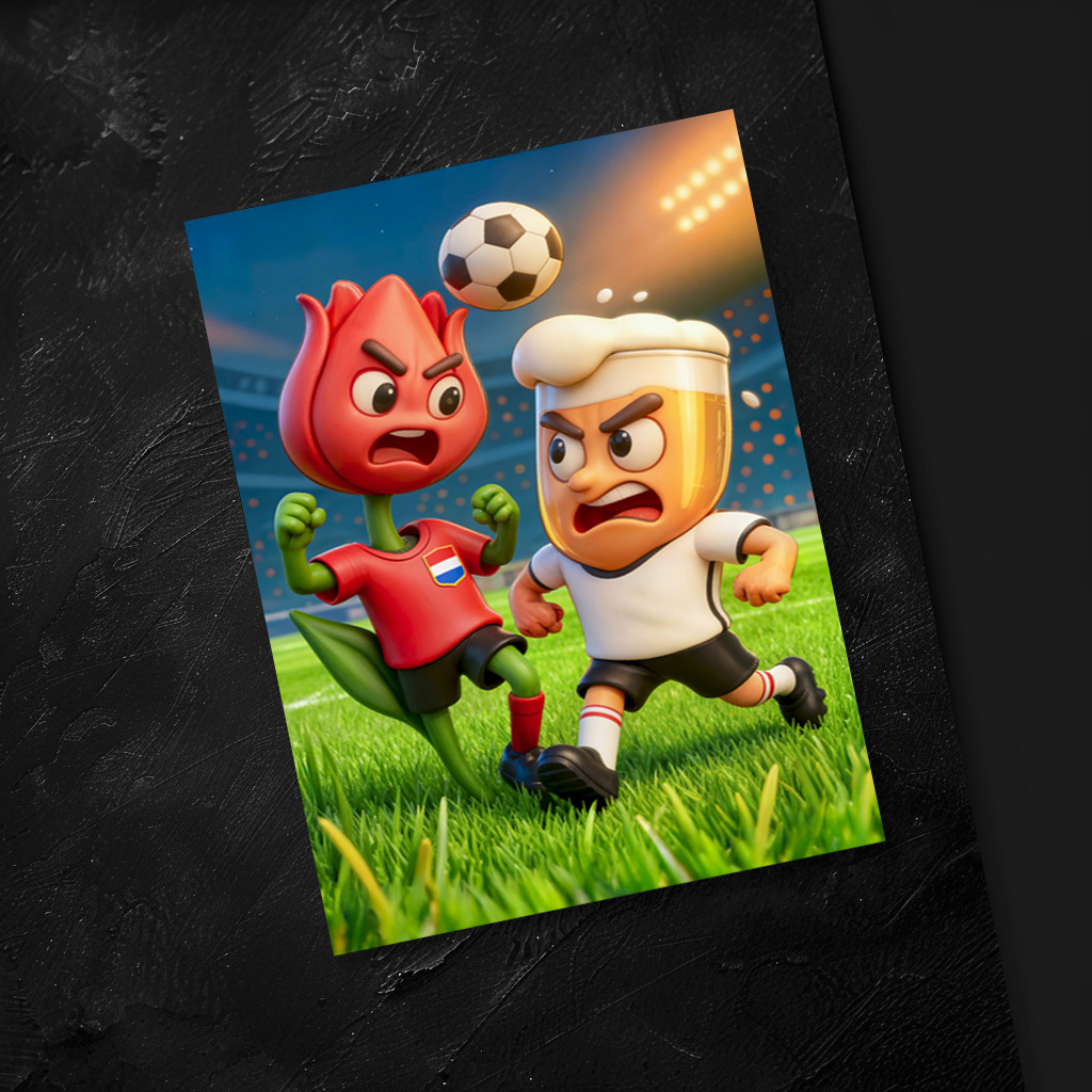 raxxa Postkarte: Dutch tulip versus German beer glass soccer duel