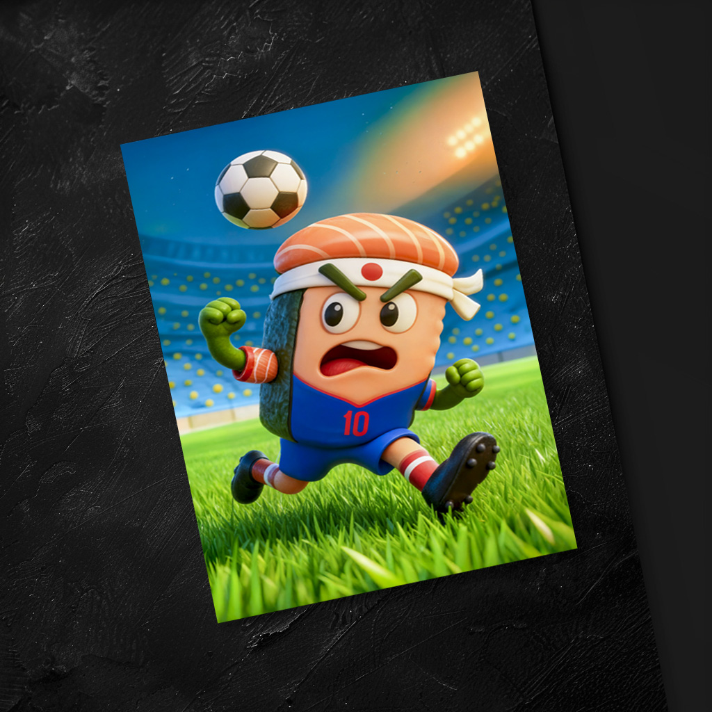 raxxa Postkarte: Japanese sushi roll soccer player in stadium