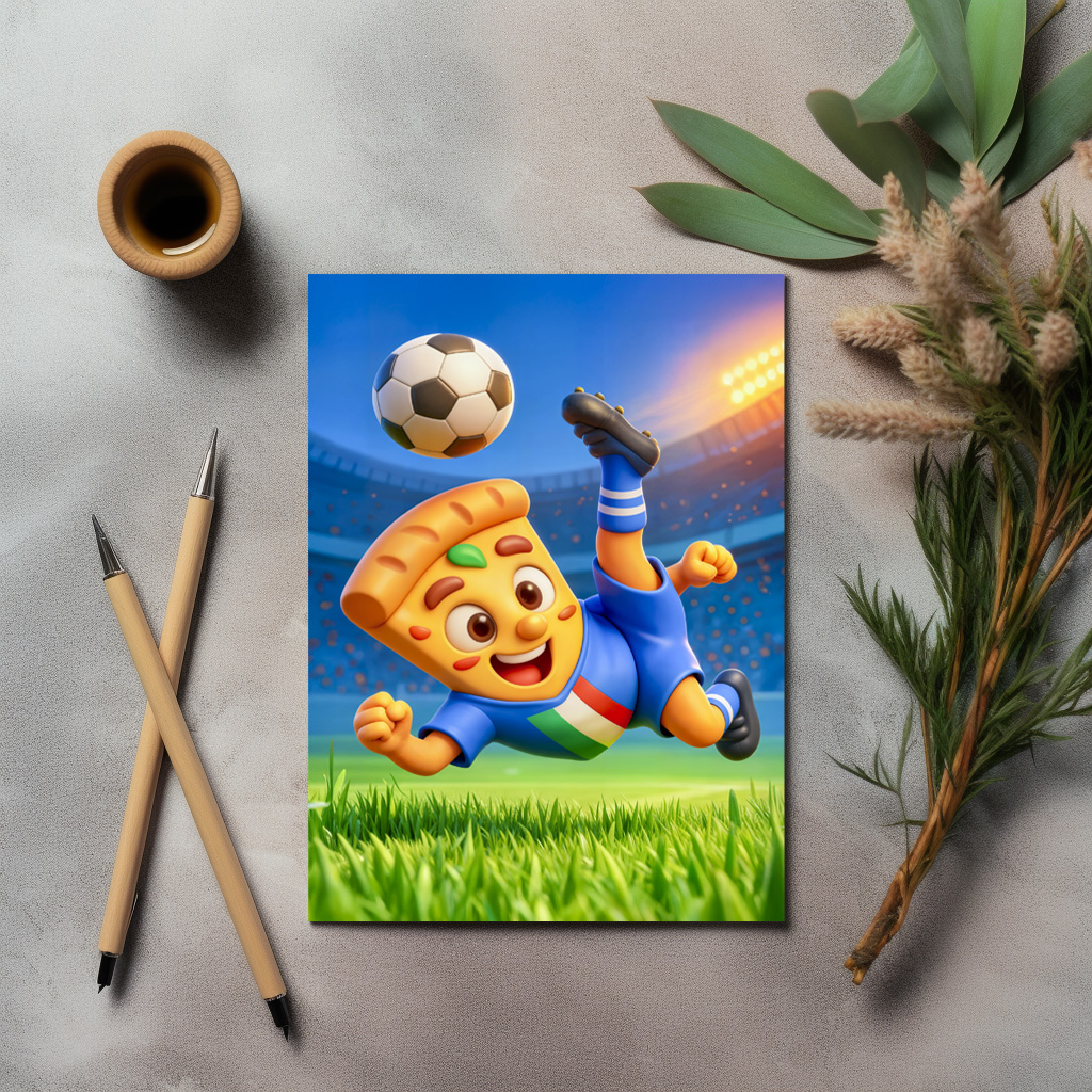 raxxa Postkarte: Italian pizza performing dramatic soccer bicycle kick