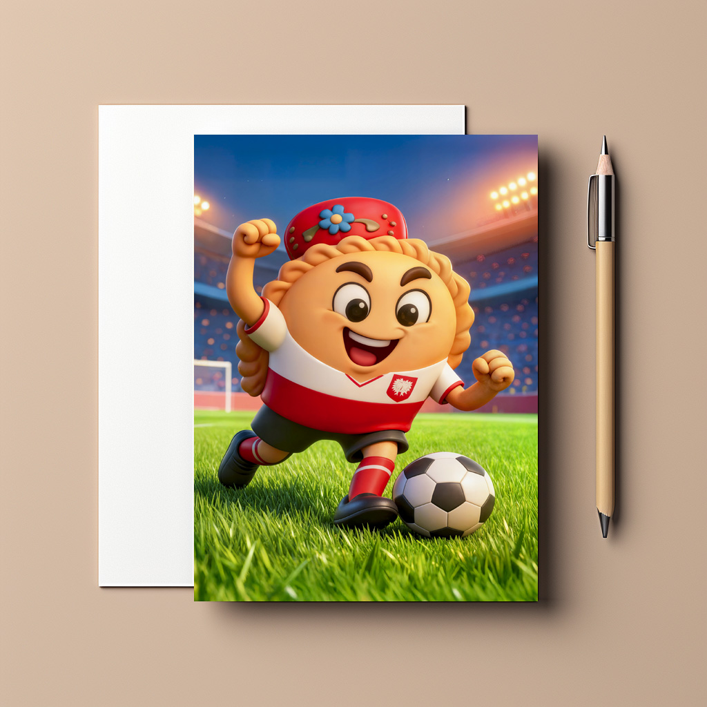raxxa Postkarte: Polish pierogi soccer player on bright stadium field