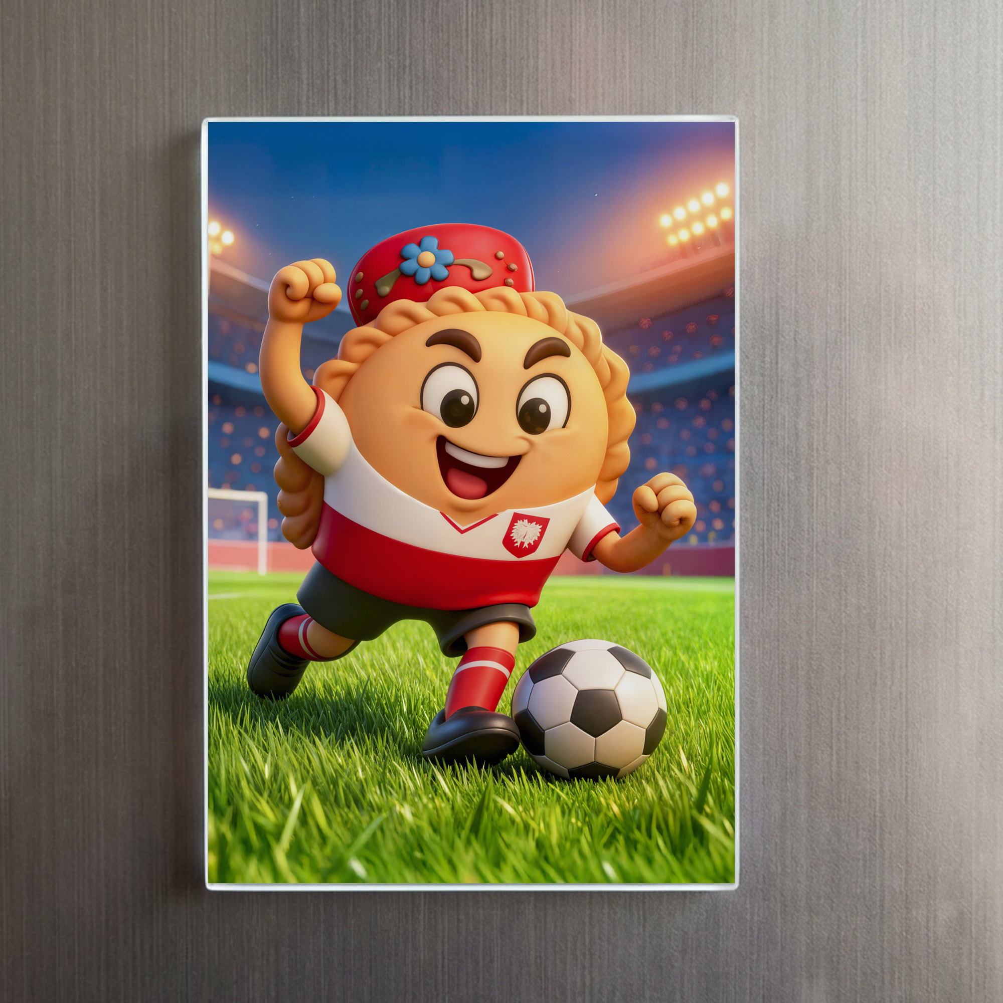 raxxa Glas-Magnet: Polish pierogi soccer player on bright stadium field - Imagen 2