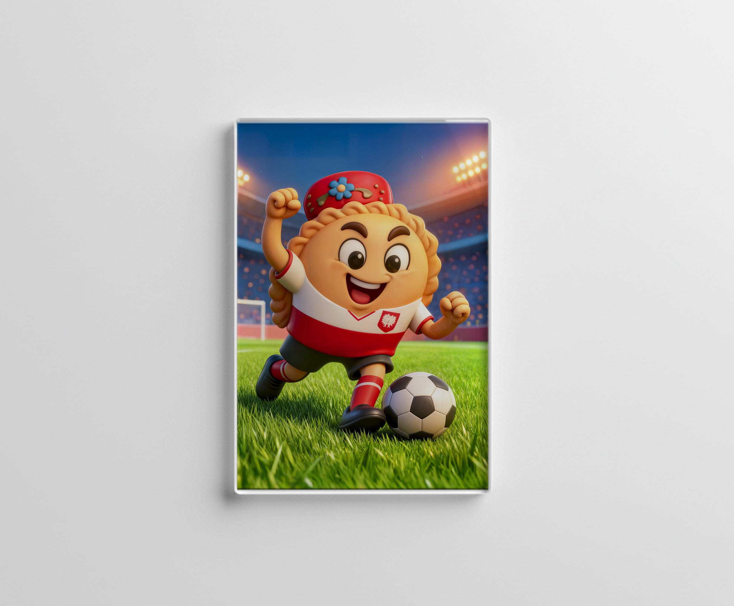 raxxa Glas-Magnet: Polish pierogi soccer player on bright stadium field