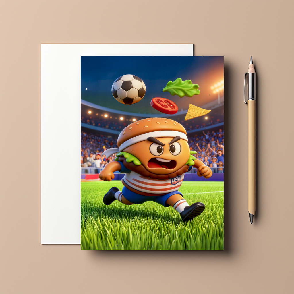 raxxa Postkarte: American burger soccer player charging across stadium