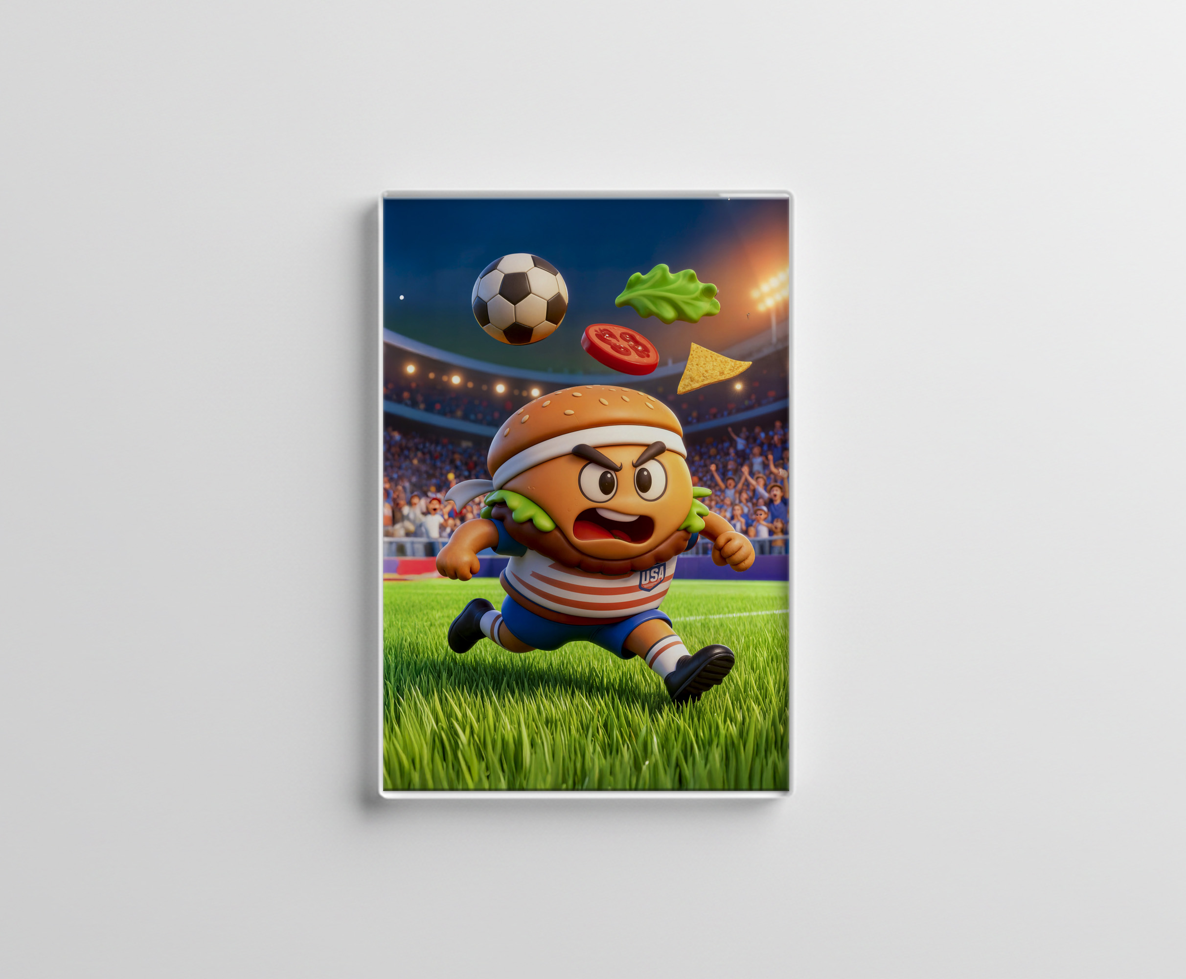 raxxa Glas-Magnet: American burger soccer player charging across stadium