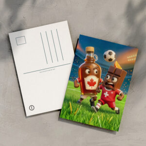 raxxa Postkarte: Canadian maple syrup versus Swiss chocolate soccer duel