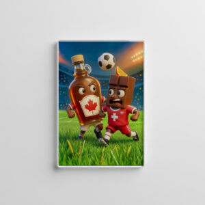 raxxa Glas-Magnet: Canadian maple syrup versus Swiss chocolate soccer duel