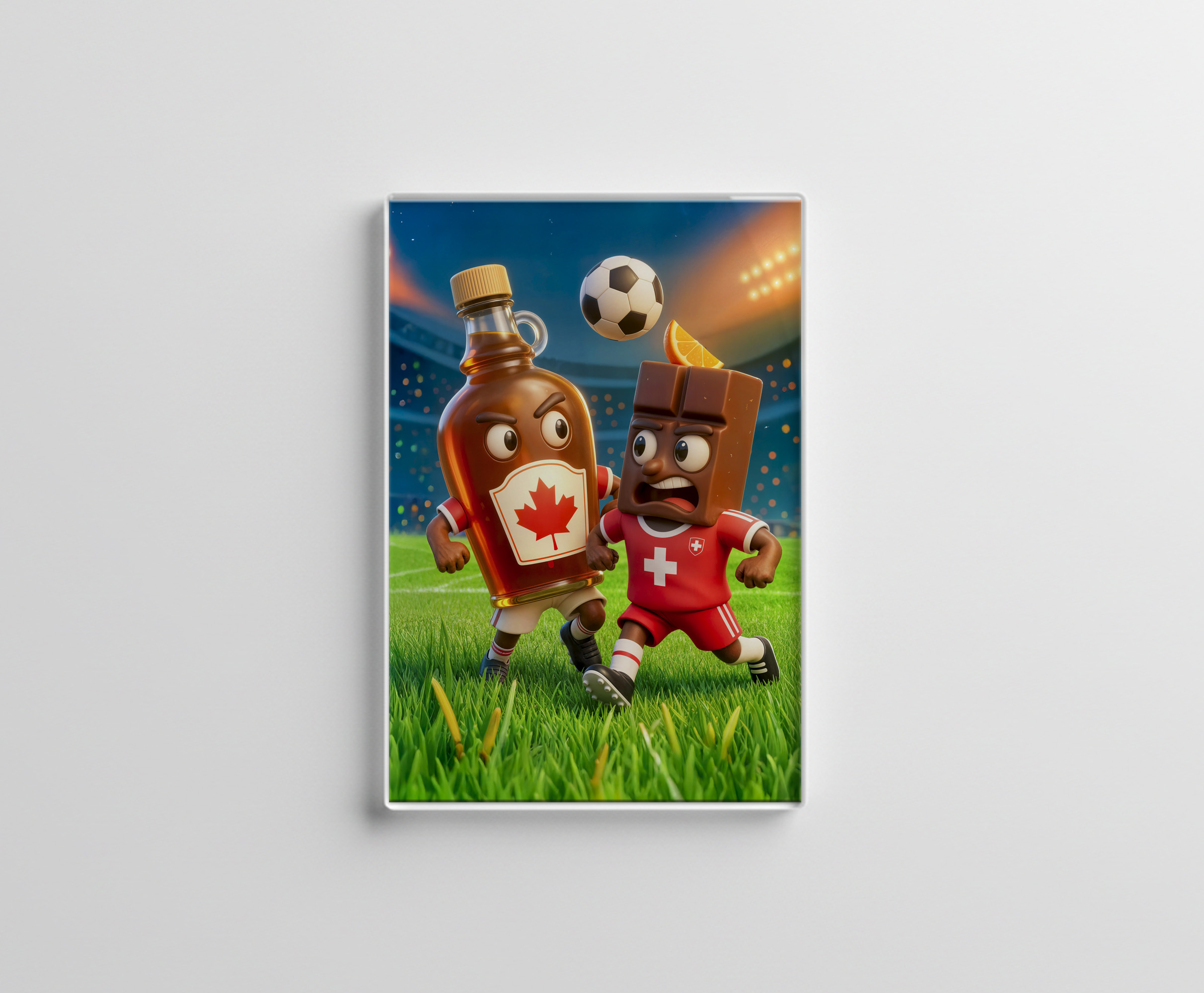raxxa Glas-Magnet: Canadian maple syrup versus Swiss chocolate soccer duel