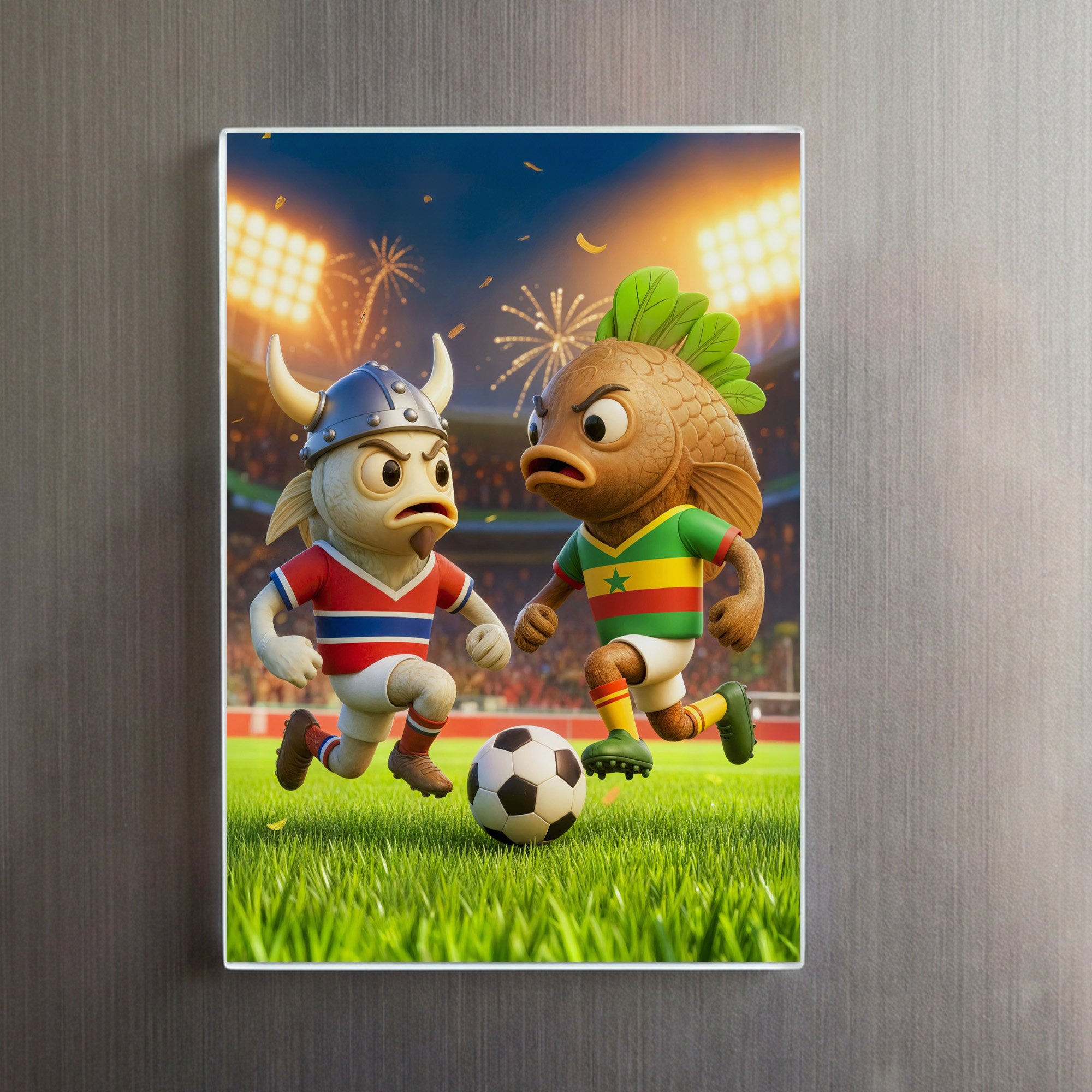 raxxa Glas-Magnet: Norwegian cod versus Senegal thieboudienne fish soccer match - Imagen 2