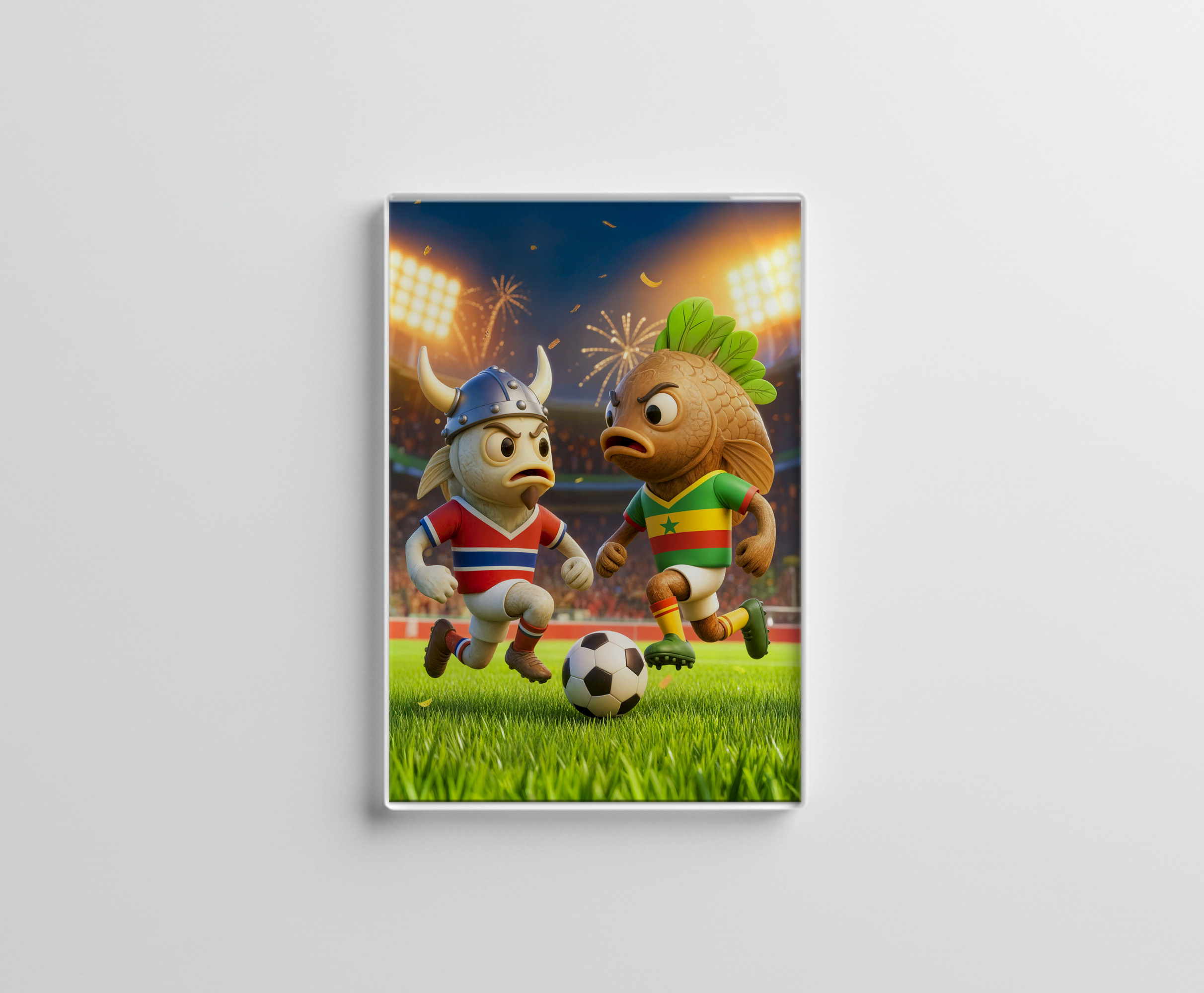 raxxa Glas-Magnet: Norwegian cod versus Senegal thieboudienne fish soccer match