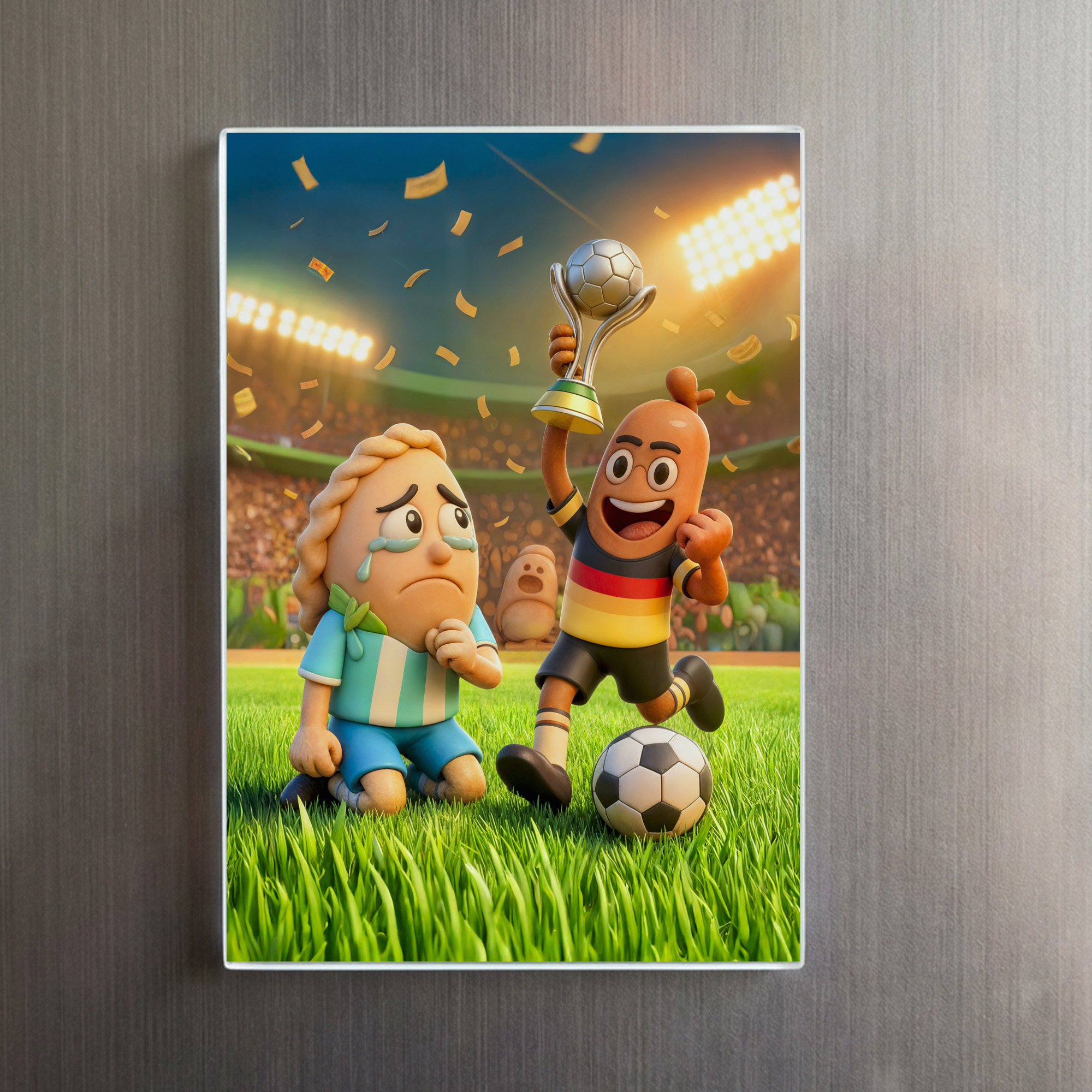raxxa Glas-Magnet: German bratwurst defeating Argentinian empanada soccer scene - Imagen 2