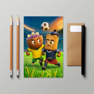 raxxa Postkarte: Brazilian acaí bowl versus Scottish shortbread soccer duel