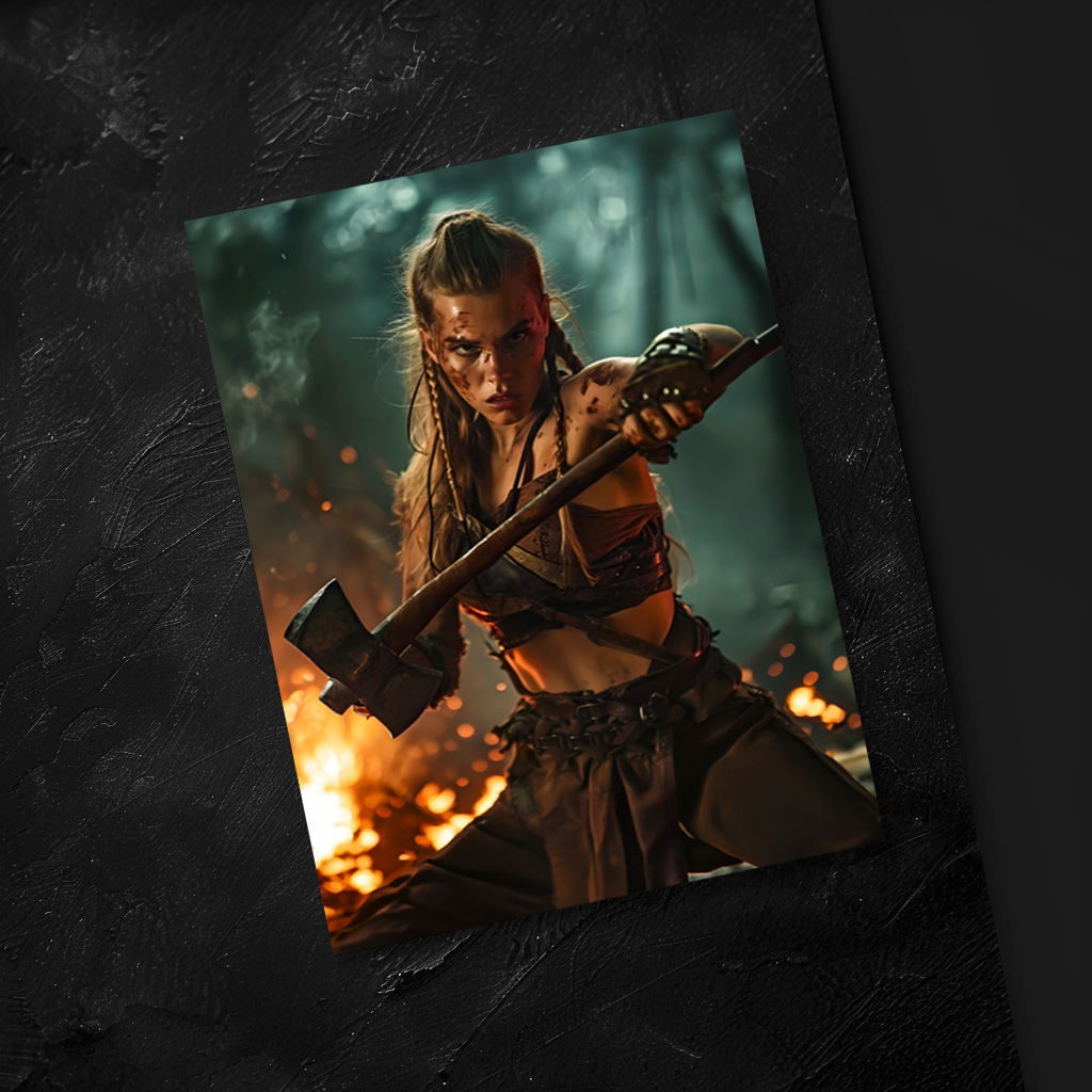 raxxa Postkarte: Fierce Viking Shieldmaiden Holding Her Flaming Axe