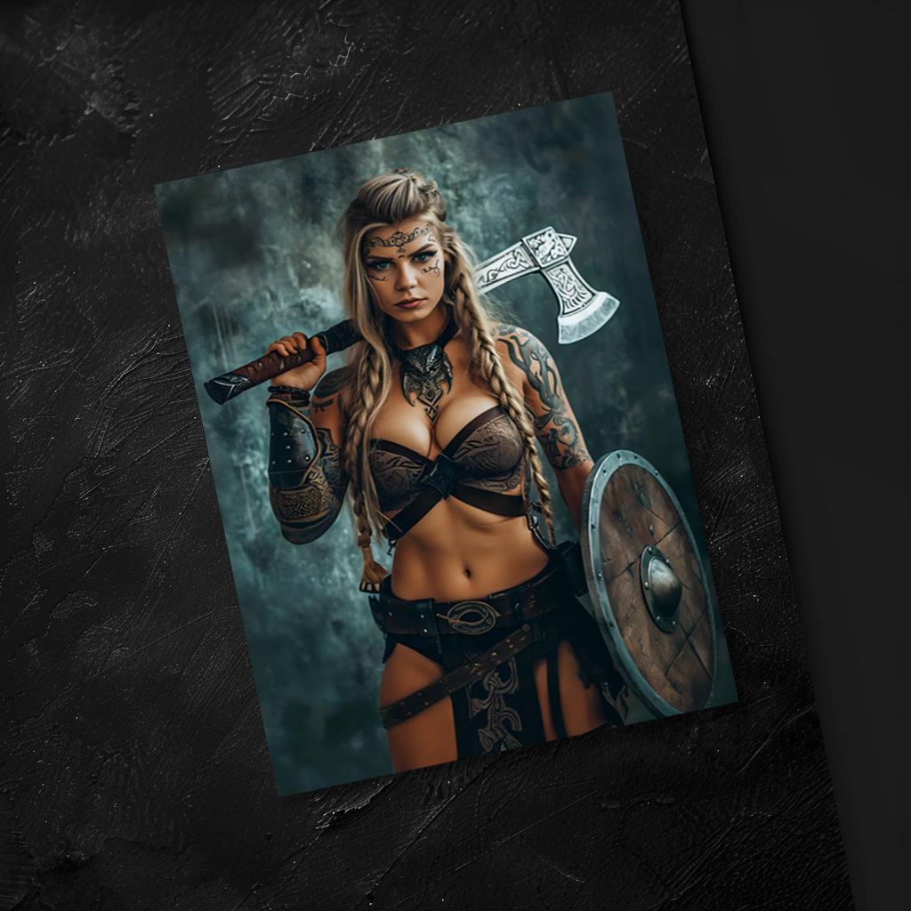 raxxa Postkarte: Unyielding Nordic Shieldmaiden Armed With Axe And Shield