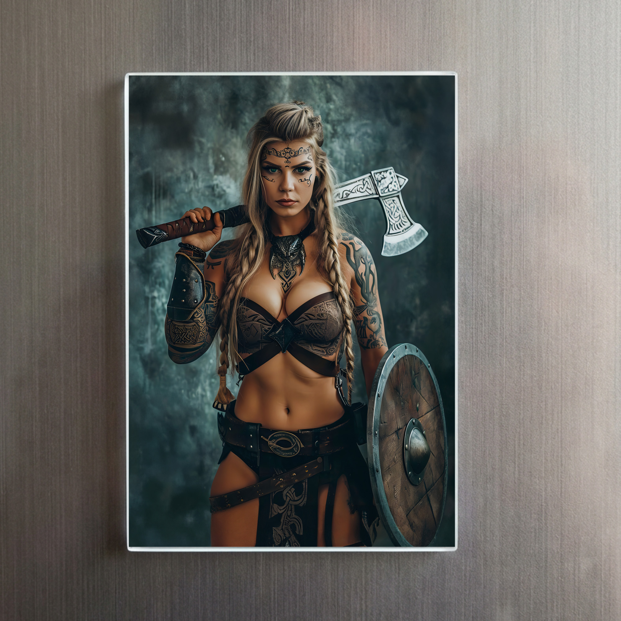 raxxa Glas-Magnet: Unyielding Nordic Shieldmaiden Armed With Axe And Shield - Image 2