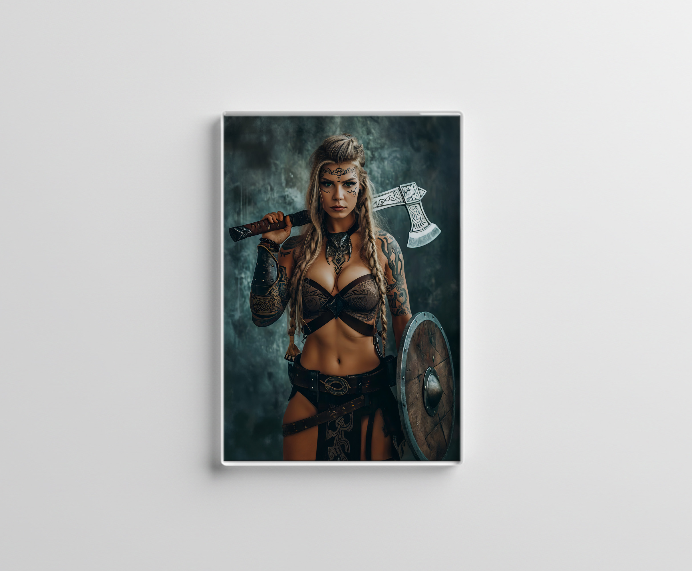 raxxa Glas-Magnet: Unyielding Nordic Shieldmaiden Armed With Axe And Shield