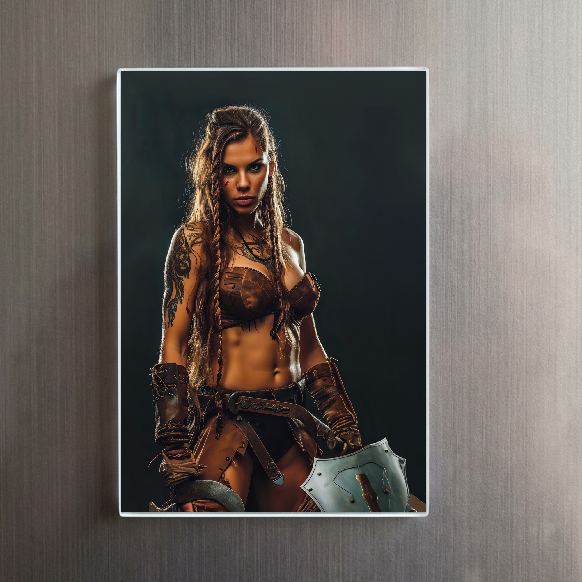 raxxa Glas-Magnet: Nordic War‑Maiden Ready With Axe And Shield - Imagen 2