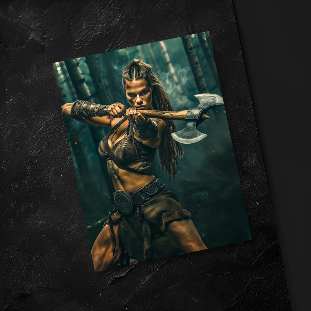 raxxa Postkarte: Relentless Viking Shieldmaiden Wielding Her Battle Axe