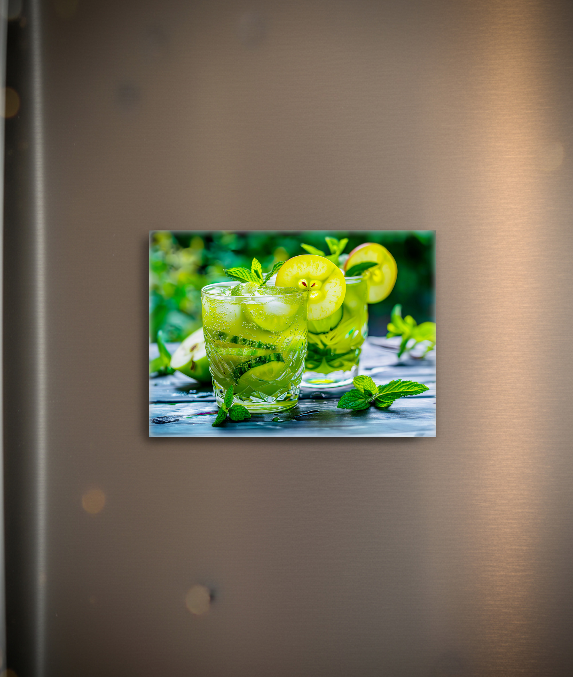 raxxa Glas-Magnet: Apple-Cucumber-Mint Cooler Garnished with Apple Slices and Fresh Mint Leaves