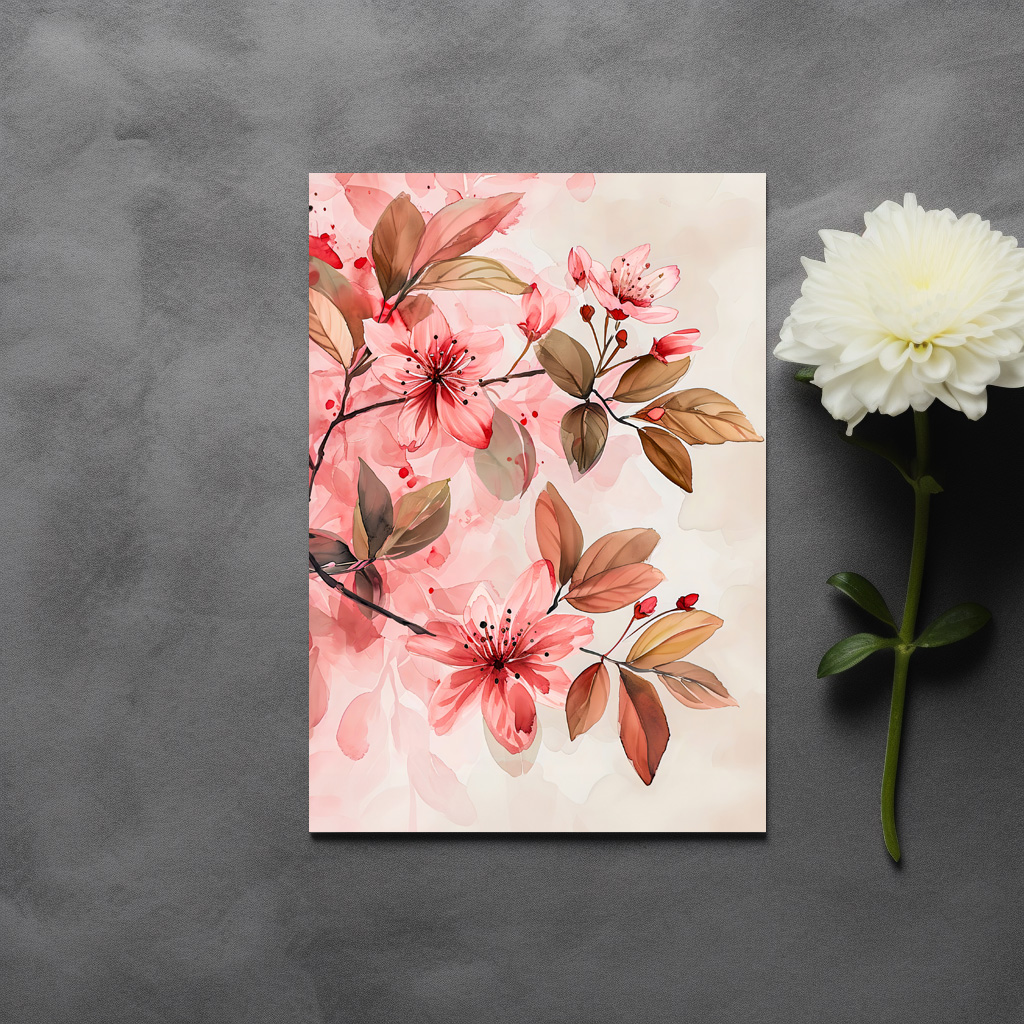 raxxa Postkarte: Pink Watercolor Blossoms With Soft Brown Leaves
