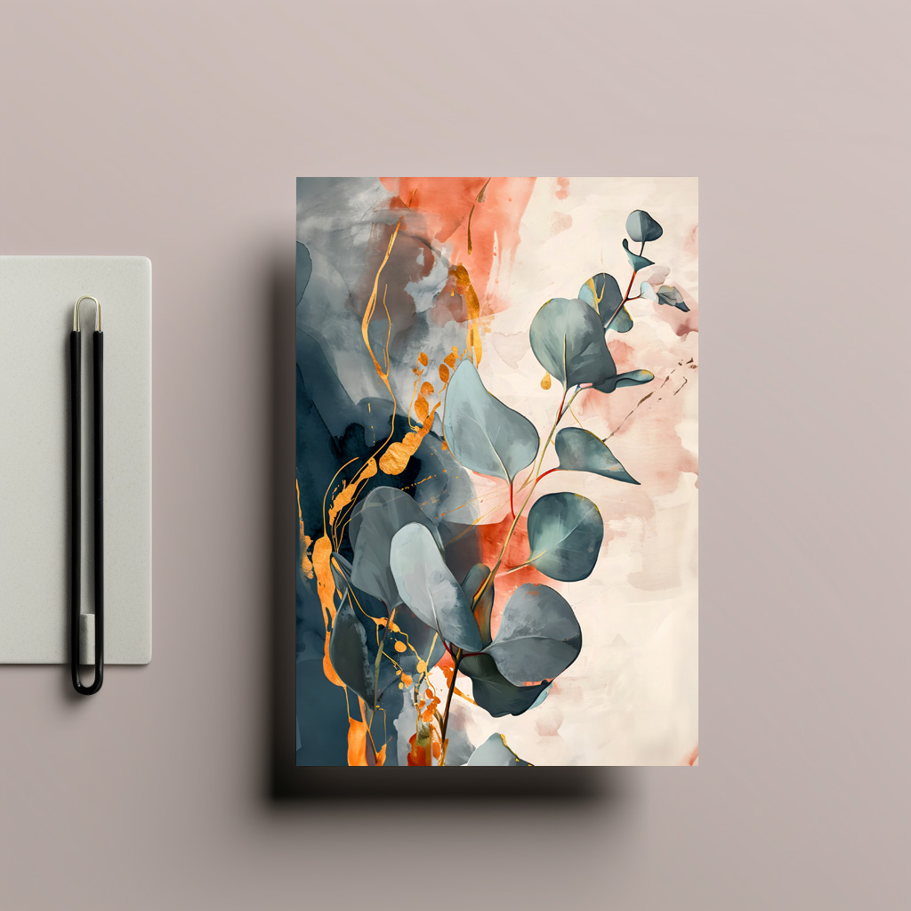 raxxa Postkarte: Grey Round Botanical Leaves With Gold And Red Watercolor Background