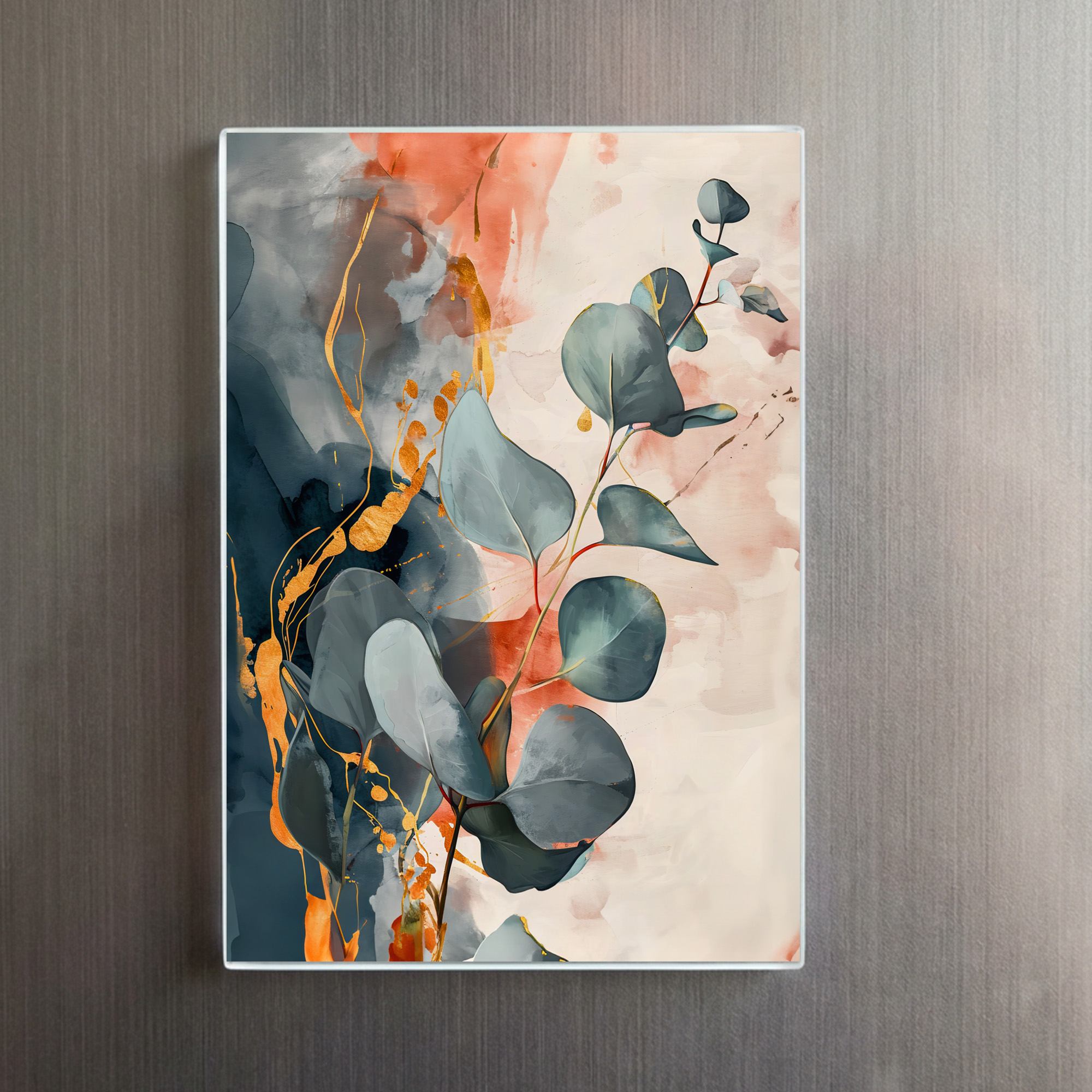 raxxa Glas-Magnet: Grey Round Botanical Leaves With Gold And Red Watercolor Background – Image 2