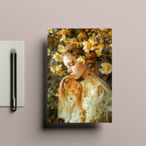 raxxa Postkarte: woman elegantly poses with honeybees and the sweet result of their labor, honey.