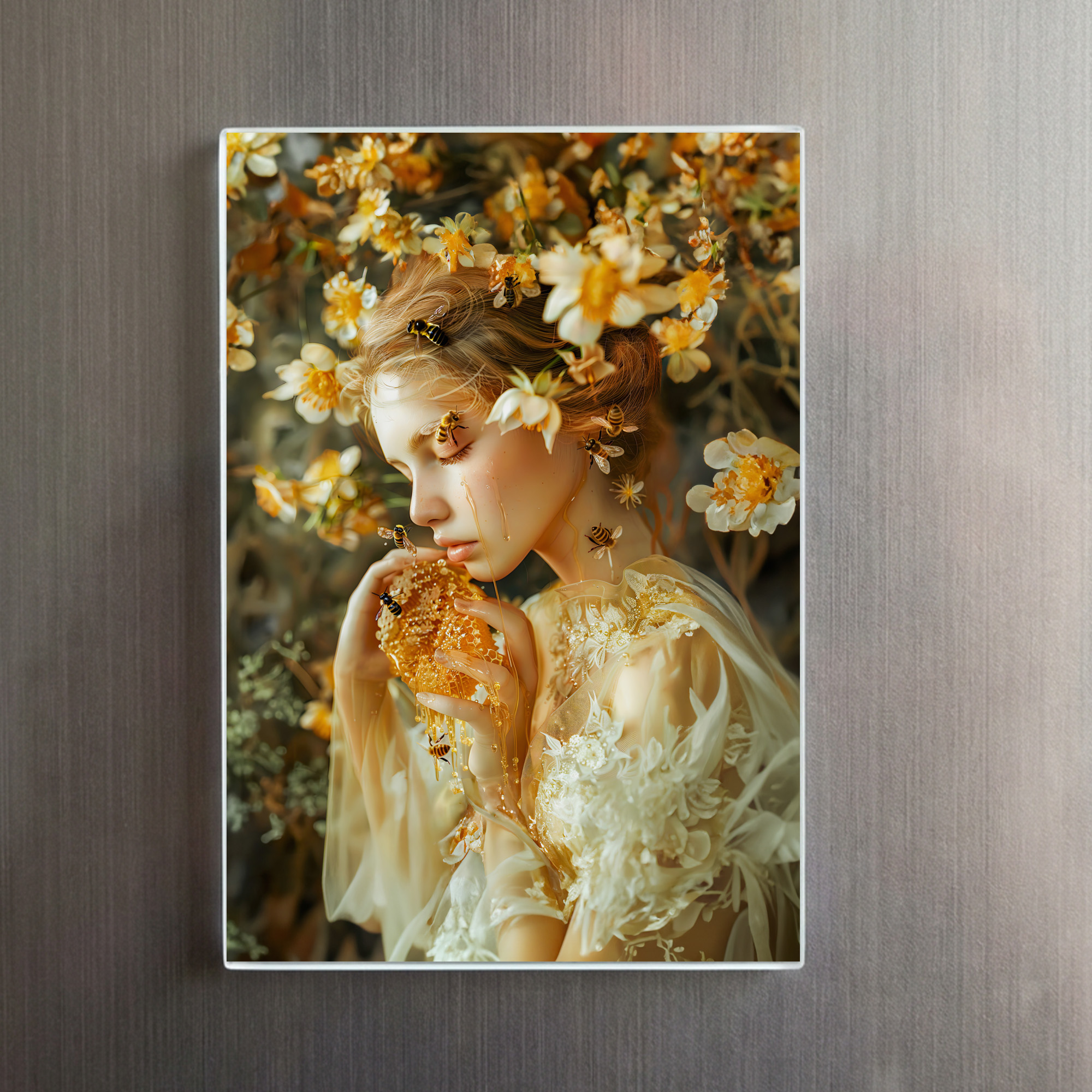 raxxa Glas-Magnet: woman elegantly poses with honeybees and the sweet result of their labor, honey. - Imagen 2