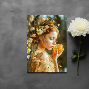 raxxa Postkarte: Queen Bee Woman Posing with Honeybees and Honey