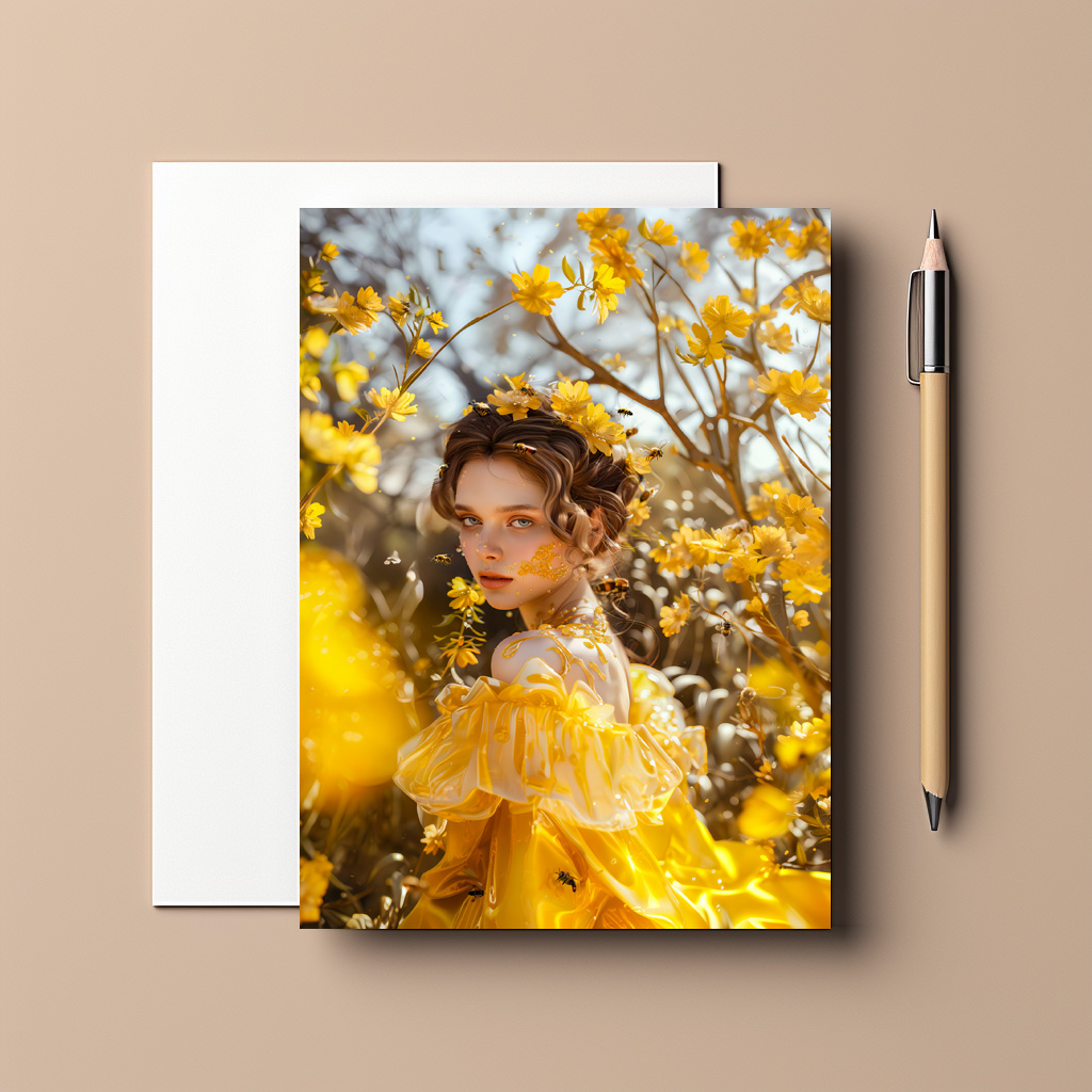 raxxa Postkarte: Queen Bee Woman Posing with Honeybees and Honey
