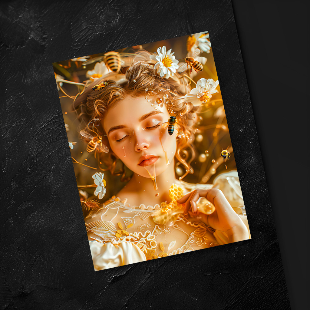 raxxa Postkarte: Queen Bee Woman Posing with Honeybees and Honey