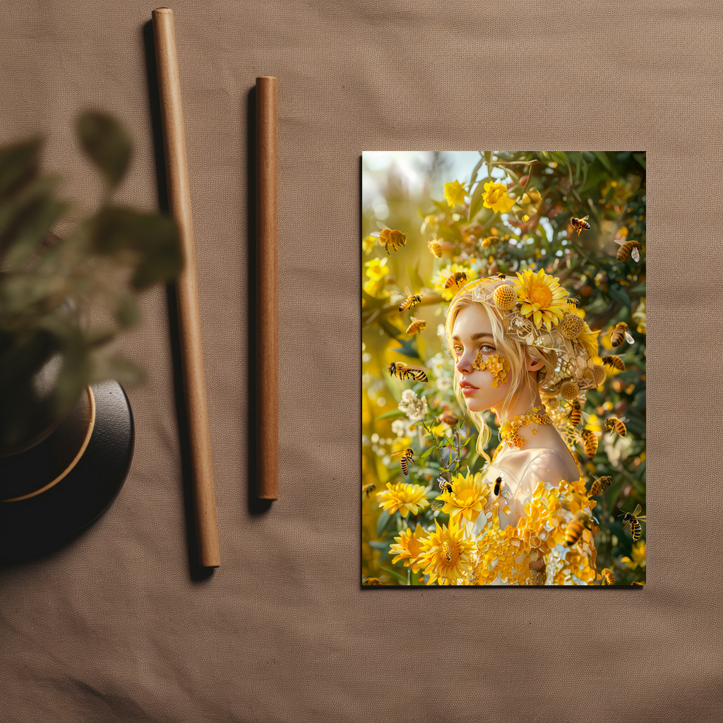 raxxa Postkarte: Queen Bee Woman Posing with Honeybees and Honey
