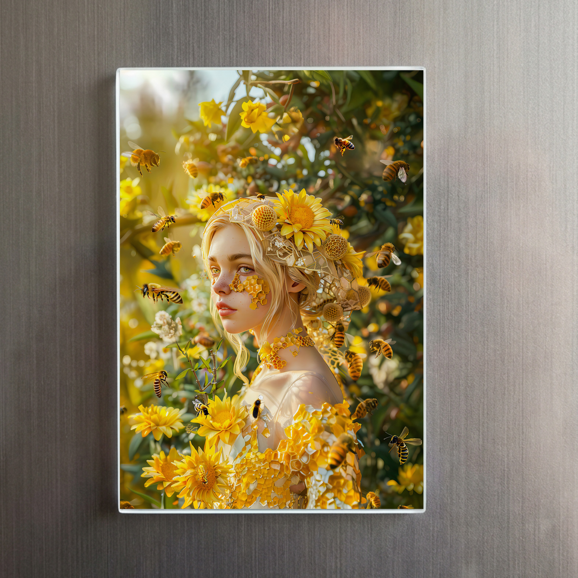raxxa Glas-Magnet: Queen Bee Woman Posing with Honeybees and Honey – Image 2