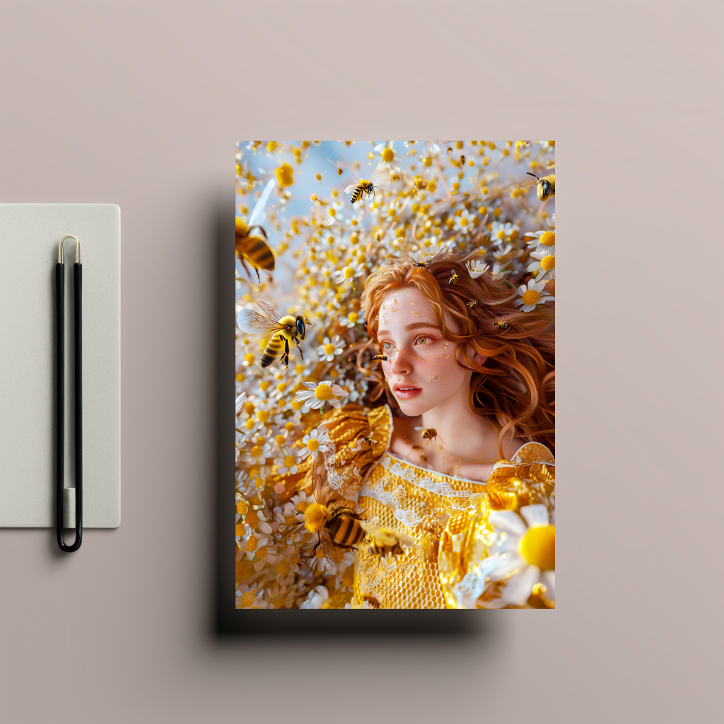 raxxa Postkarte: Queen Bee Woman Posing with Honeybees and Honey