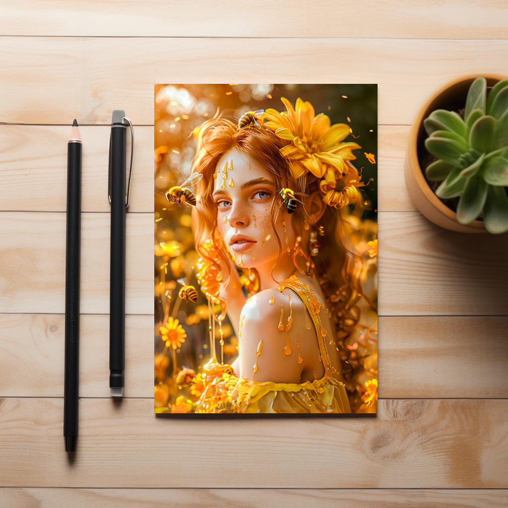 raxxa Postkarte: Queen Bee Woman Posing with Honeybees and Honey