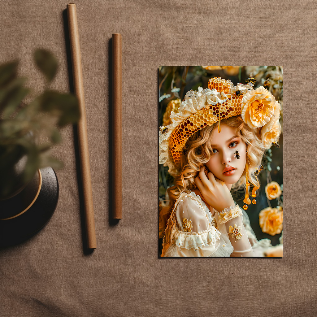raxxa Postkarte: Queen Bee Woman Posing with Honeybees and Honey
