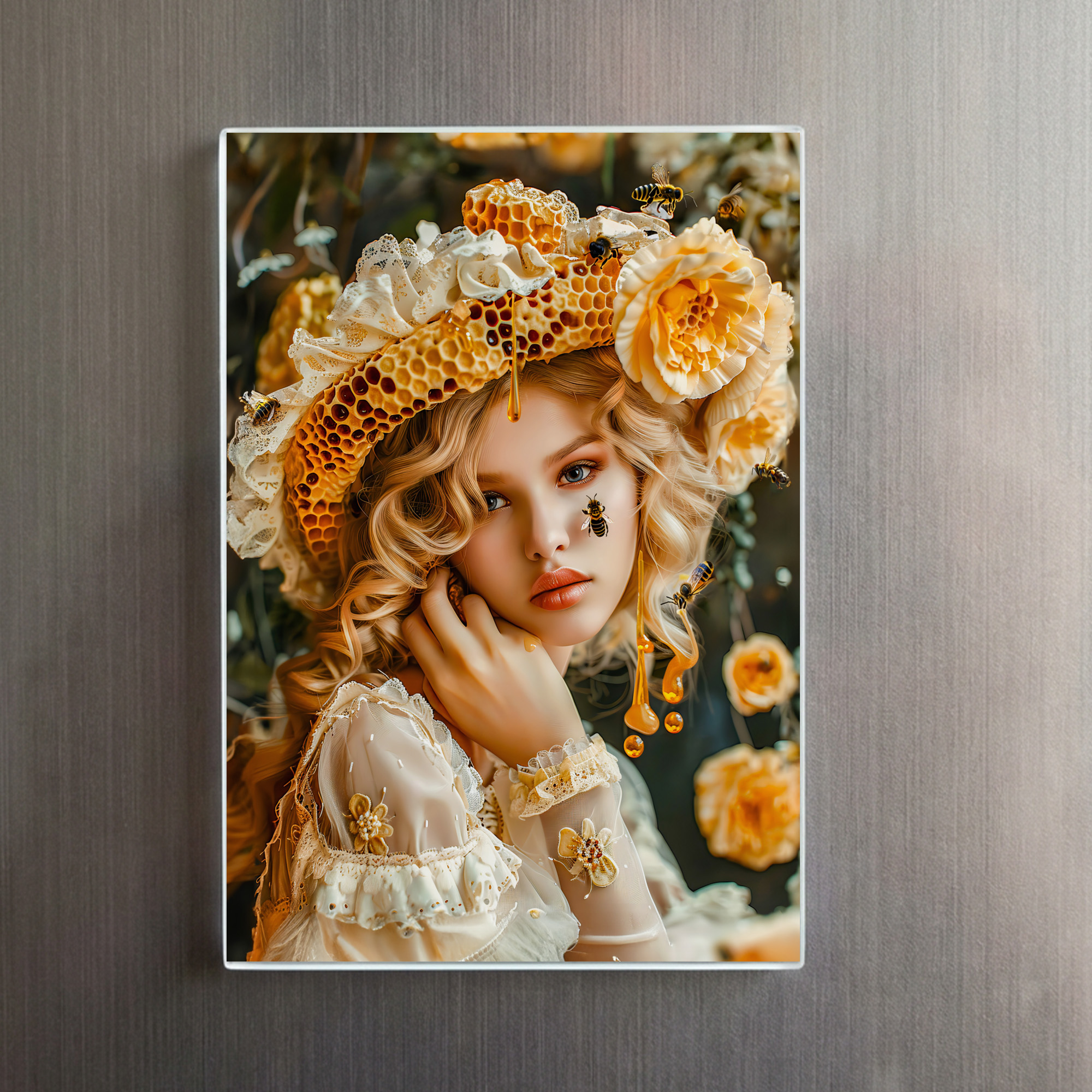 raxxa Glas-Magnet: Queen Bee Woman Posing with Honeybees and Honey – Image 2