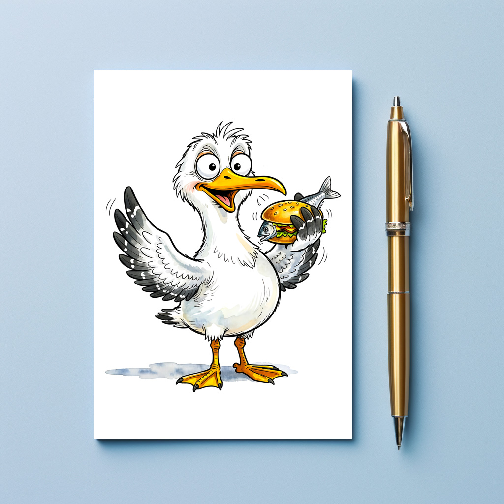 raxxa Postkarte: Seagull Holding Fish Sandwich at the Coast