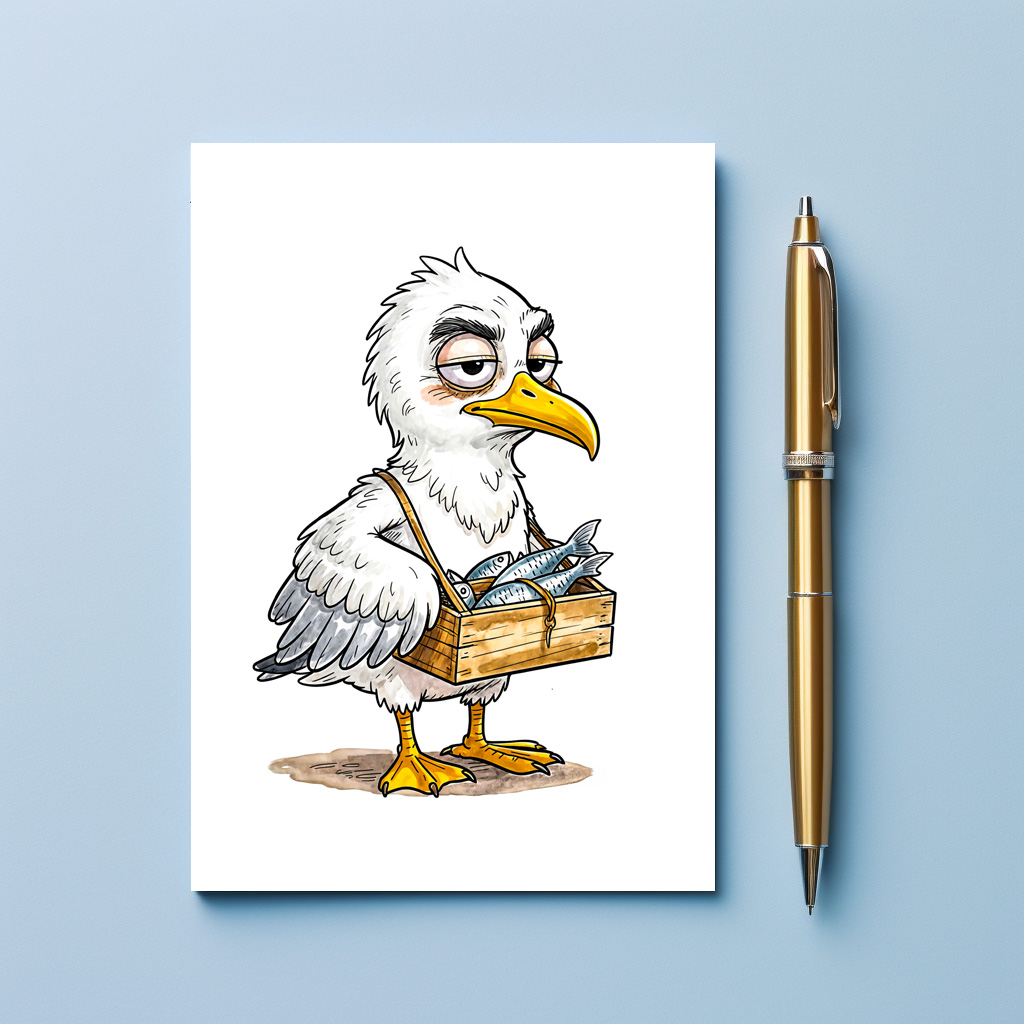 raxxa Postkarte: Seagull Carrying Fish Crate at the Coast