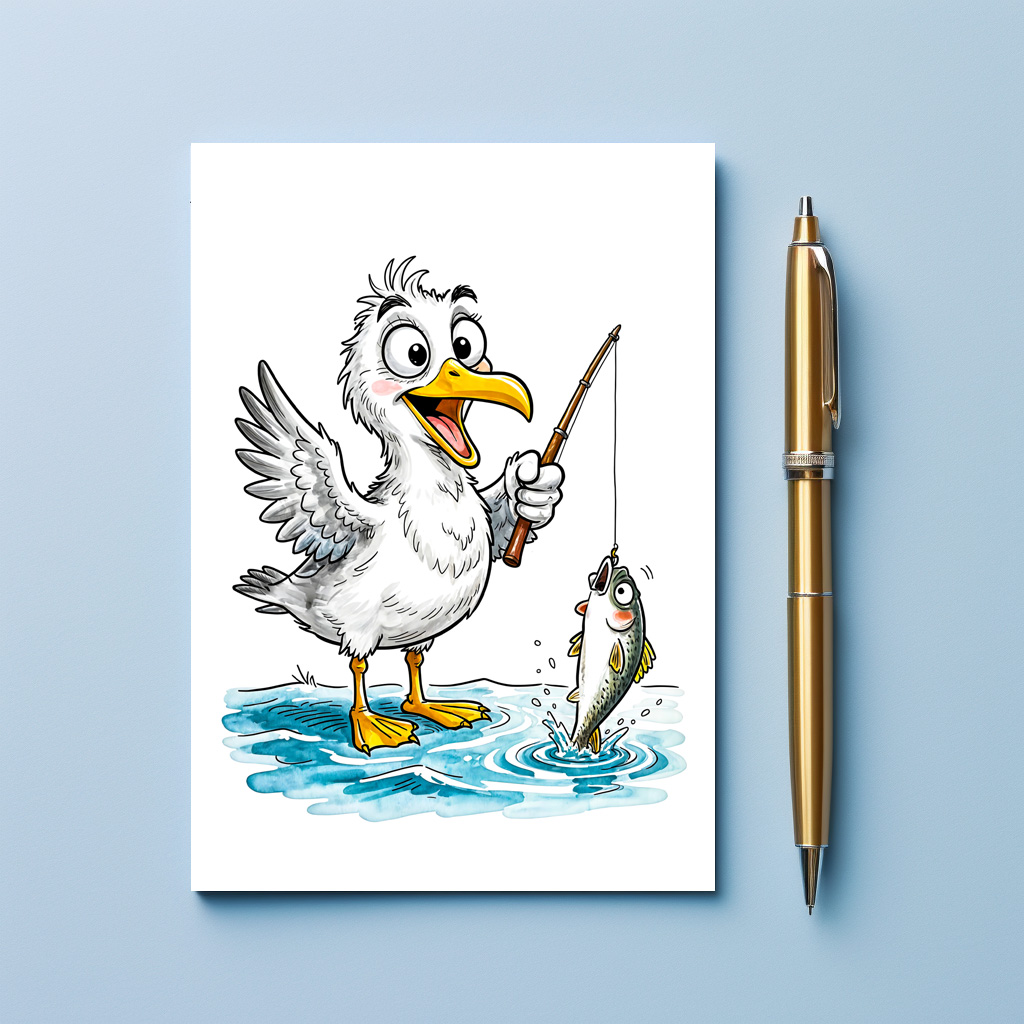 raxxa Postkarte: Seagull Fishing with Rod in Shallow Water