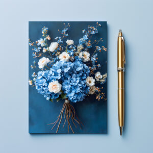 raxxa Postkarte: Blue Hydrangea and White Rose Bouquet Still Life