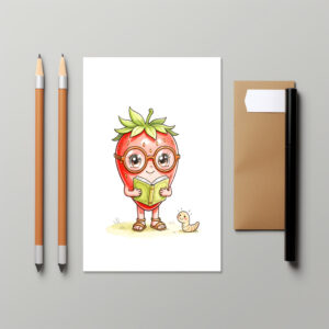 raxxa Postkarte: Strawberry Character Reading a Book with Friendly Worm