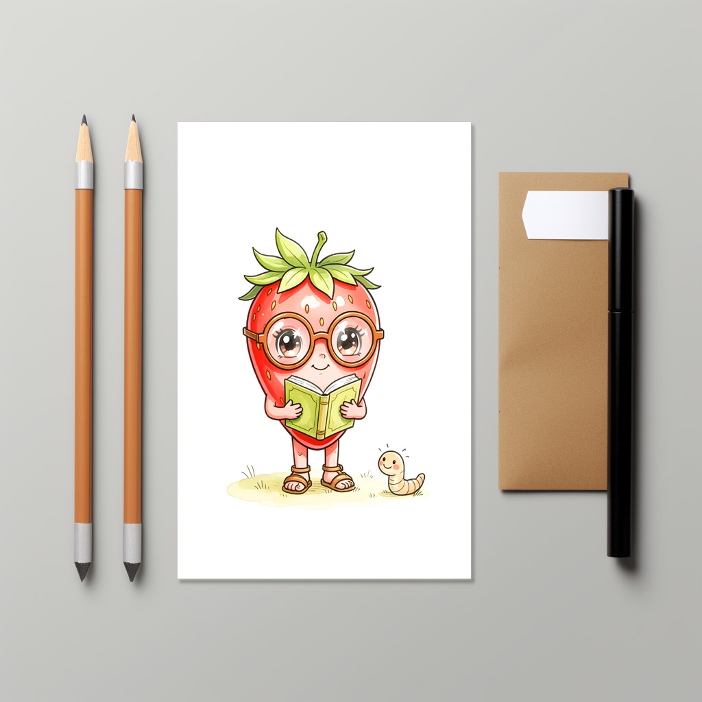 raxxa Postkarte: Strawberry Character Reading a Book with Friendly Worm