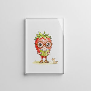 raxxa Glas-Magnet: Strawberry Character Reading a Book with Friendly Worm