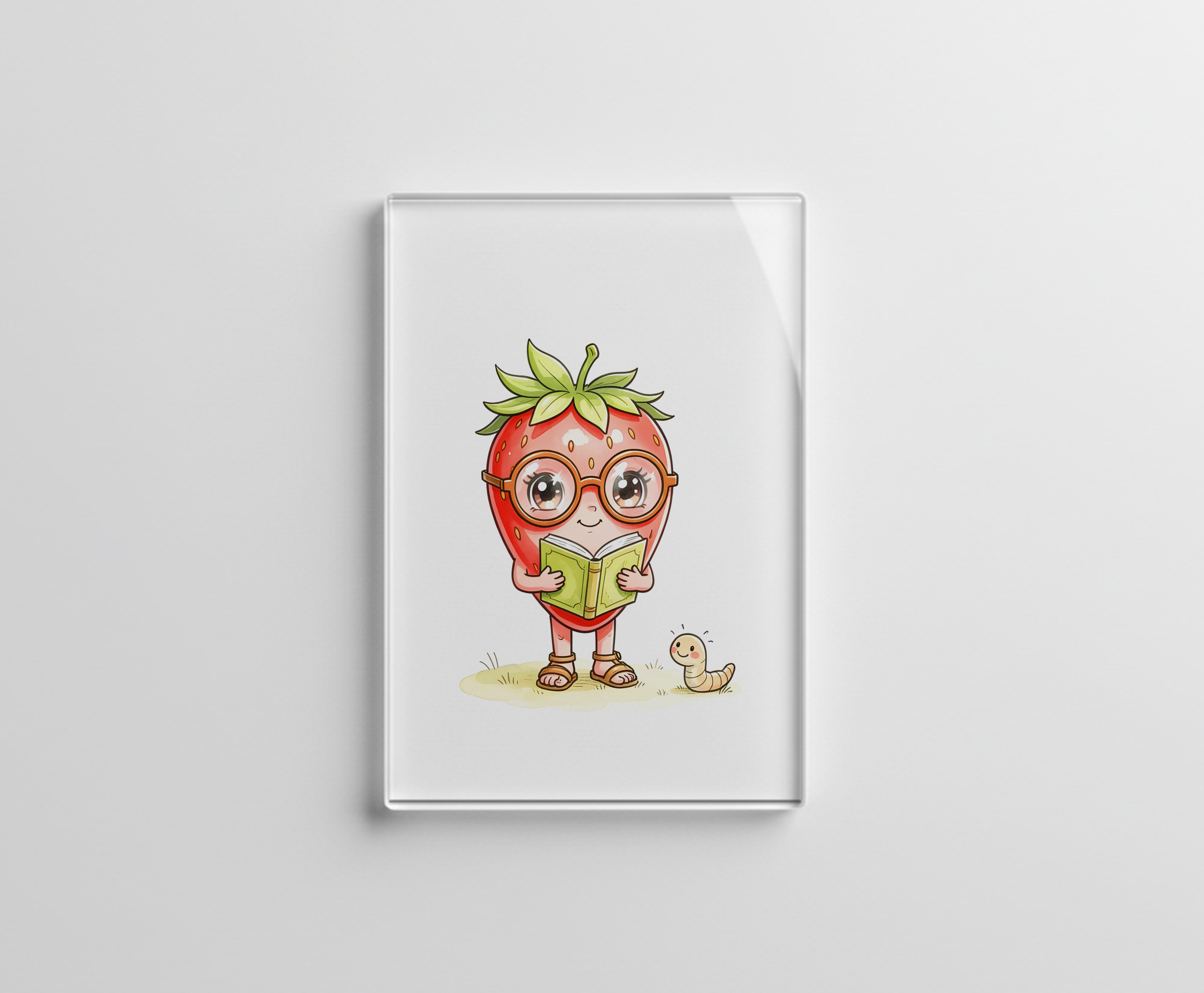 raxxa Glas-Magnet: Strawberry Character Reading a Book with Friendly Worm