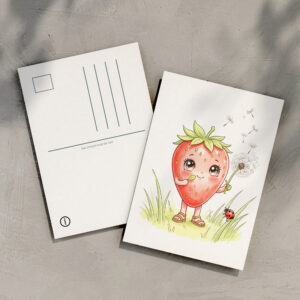 raxxa Postkarte: Strawberry Character Blowing Dandelion Seeds in Sunny Meadow